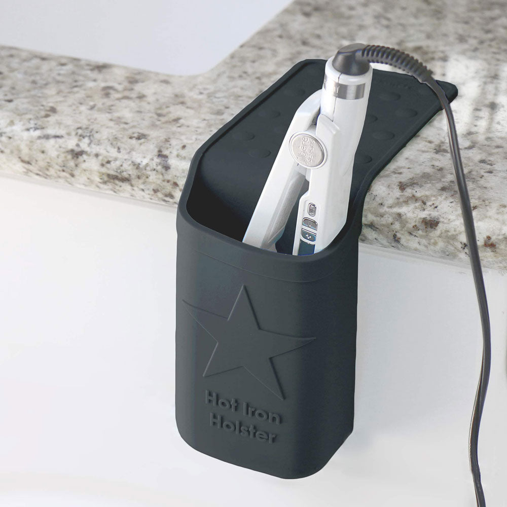 Hot Iron Holster | Black | Adhesive-Free Silicone Storage Pocket for Organization and Travel | Heat Resistant to 500°F | Ideal for Curling Irons, Hair Straighteners, and Other Hot Tools